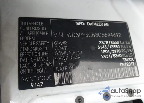 2012 Mercedes-Benz Sprinter 2500 High Roof z USA, uszkodzony, nr VIN WD3PE8CB8C5694692